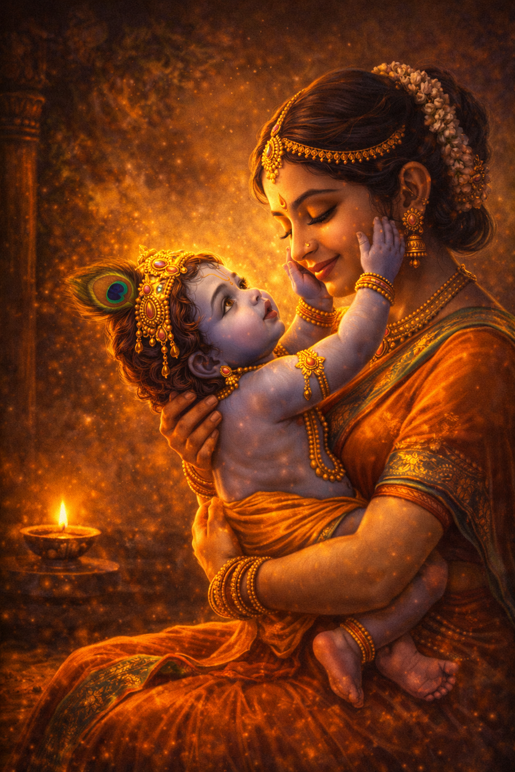 Mother Yashoda holding infant Krishna lovingly, baby Krishna reaching for her face, warm golden light, village home setting -- HD wallpaper